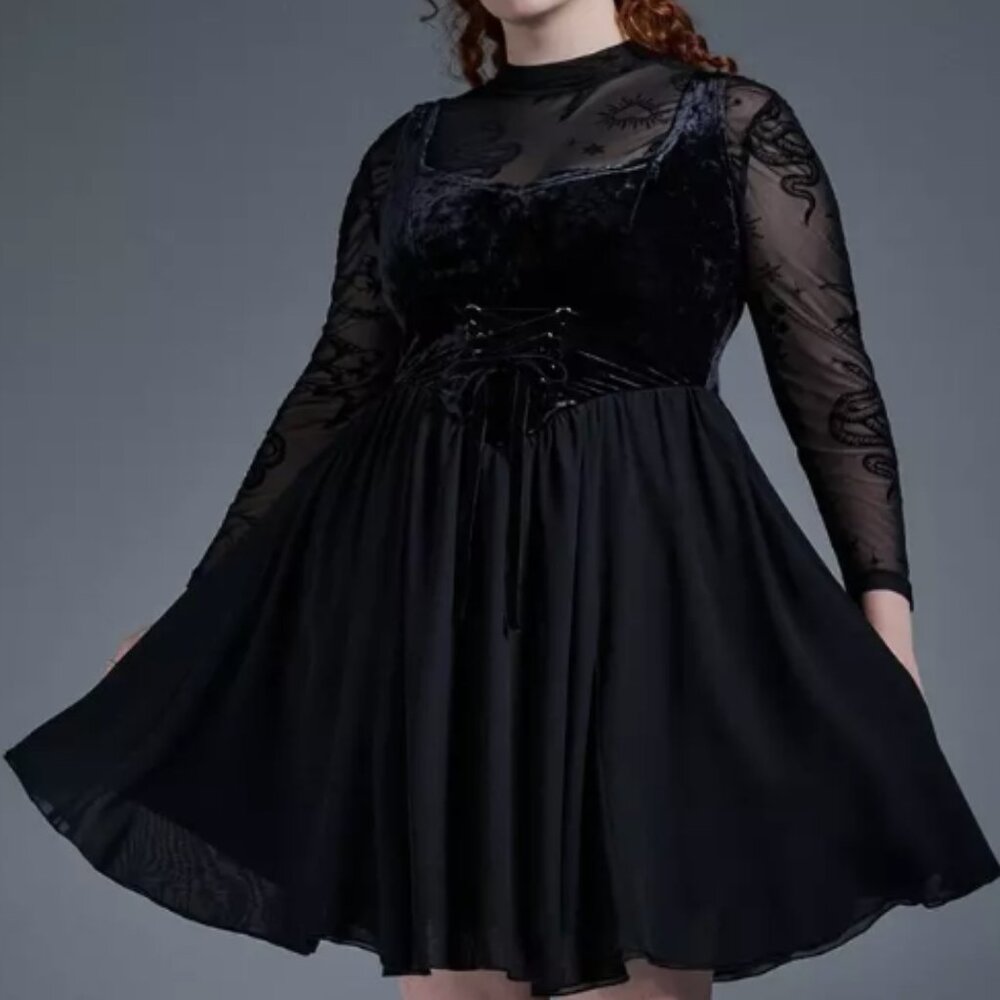 TORRID DEEP BLACK NIGHTFALL CORSET VELOUR & CHIFFON DRESS 1 1X 14 16